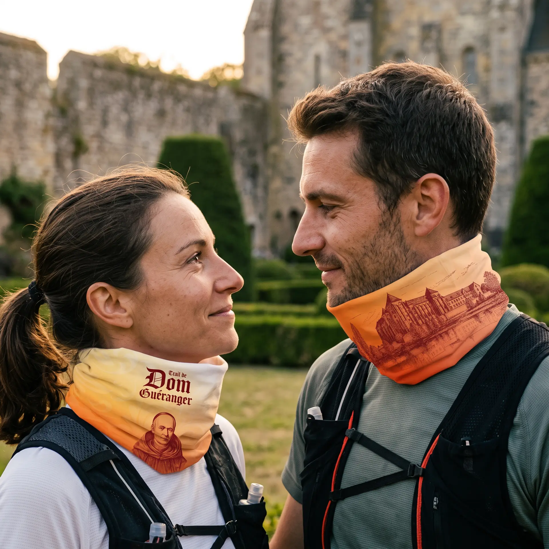 Deux coureurs portant le tour de cou officiel du Trail de Dom Guéranger, dégradé jaune et orange, devant l'abbaye de Solesmes