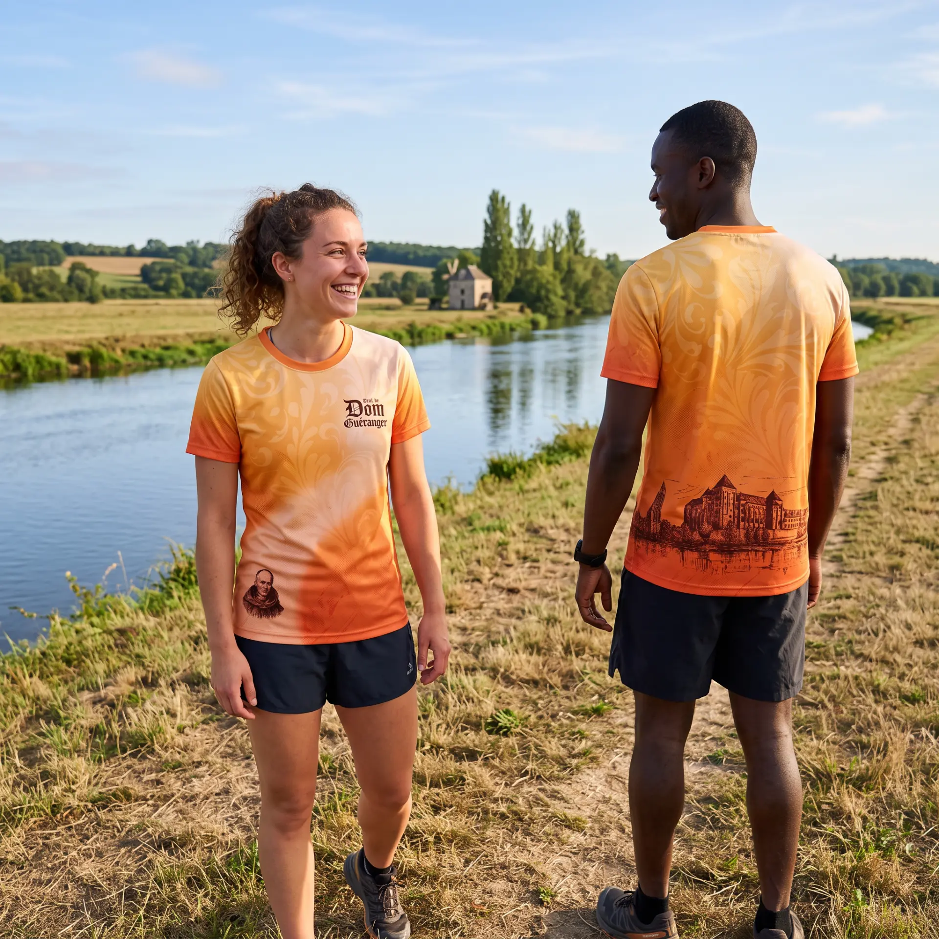 Deux coureurs portant le T-shirt officiel du Trail de Dom Guéranger, dégradé ocre et orange, devant la Sarthe