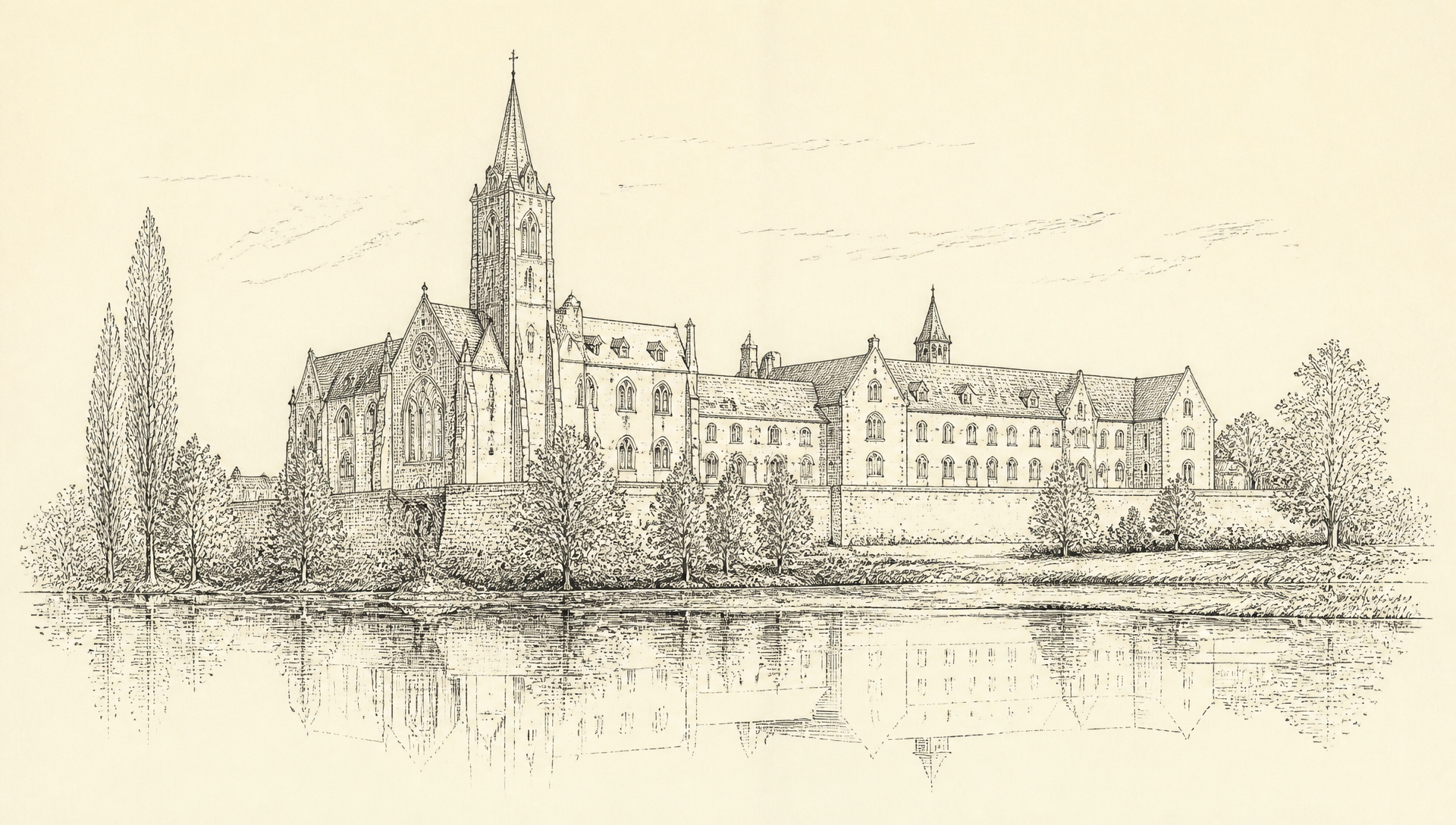 Dessin au trait de l'abbaye de Solesmes vue depuis la Sarthe